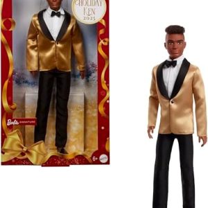 Barbie Signature 2025 Holiday Dark Brown Hair Ken Collectible Doll | Full Suit with Golden Jacket | Displayable Packagin