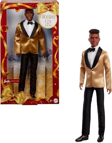 Barbie Signature 2025 Holiday Dark Brown Hair Ken Collectible Doll | Full Suit with Golden Jacket | Displayable Packagin