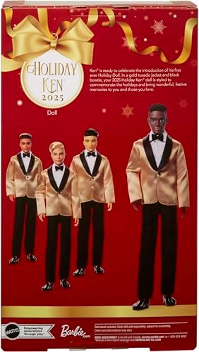 Barbie Signature 2025 Holiday Dark Brown Hair Ken Collectible Doll | Full Suit with Golden Jacket | Displayable Packagin